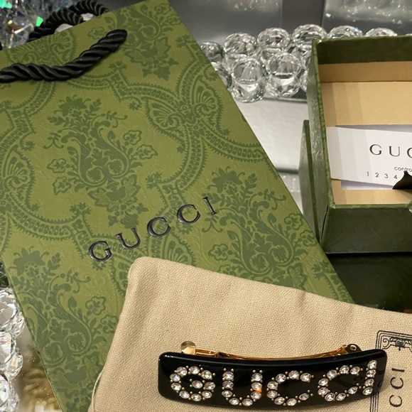 NIB FULL INCLUSION GUCCI CRYSTAL HAIR CLIP BARRETTE TORTOISE RESIN ITALY - Picture 5 of 9